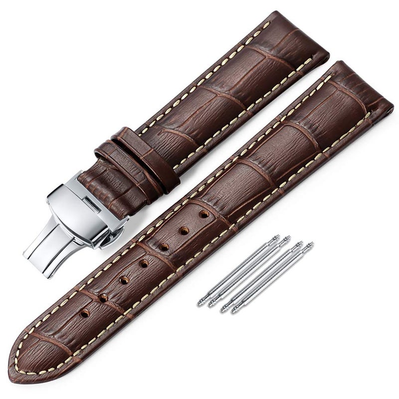 iStrap Leather Watch Band -Alligator Grain Embossed Pattern Calfskin Replacement Strap-Stainless Steel Deployment Buckle with Push Buttons-Bracelet for Men Women-18mm 19mm 20mm 21mm 22mm 24mm - Image 1